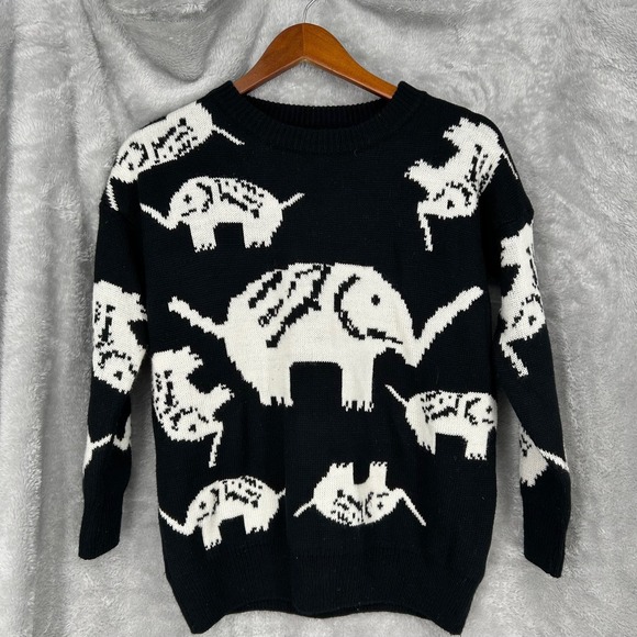 Morning Apple Sweaters - Black White Elephant Morning Apple Knit Sweater Womens Crew Neck Pullover Size S